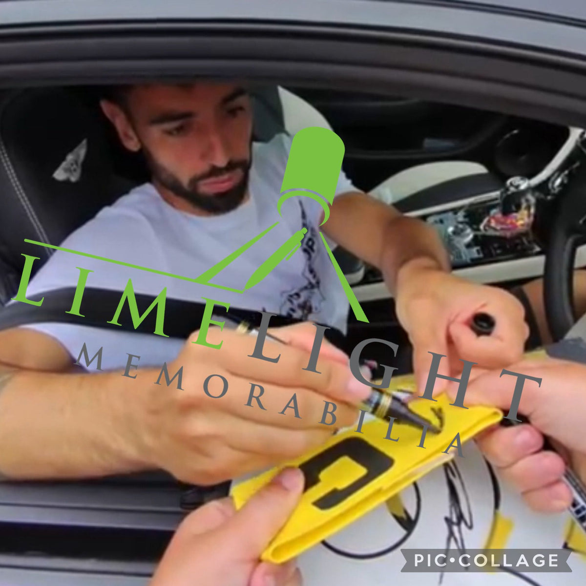 Photo proof of Bruno Fernandes hand-signing the Manchester United captain's armband for Limelight Memorabilia.