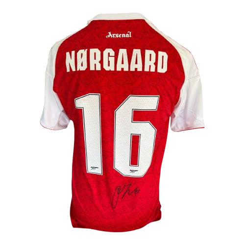 hristian Norgaard hand-signed Arsenal 2025/26 home shirt available in Premier League or Club font with COA.