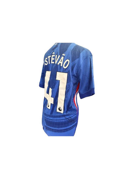 Official 2025/26 Chelsea home shirt hand-signed by Estêvão in bold permanent ink.