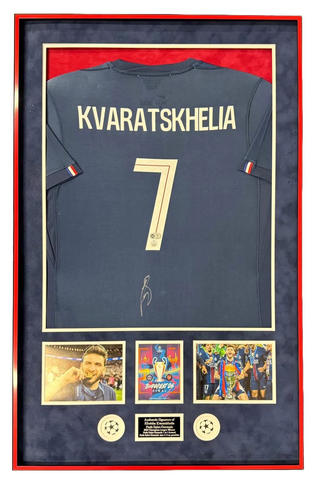Khvicha Kvaratskhelia signed and framed PSG Champions League winning shirt with Budapest matchday programme, two photos, and bespoke plaque.