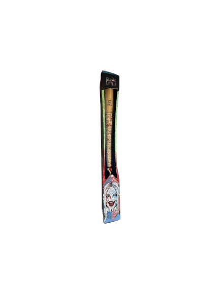 Full-length view of the authentic Margot Robbie signed Harley Quinn "Good Night" wooden replica baseball bat, showcasing the screen-accurate movie prop graphics.