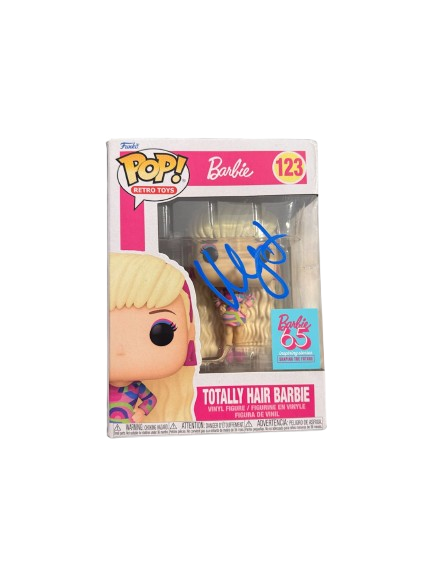 Front view of the authentic Margot Robbie signed Totally Hair Barbie Funko Pop #123, featuring her bold signature on the protective window display box.