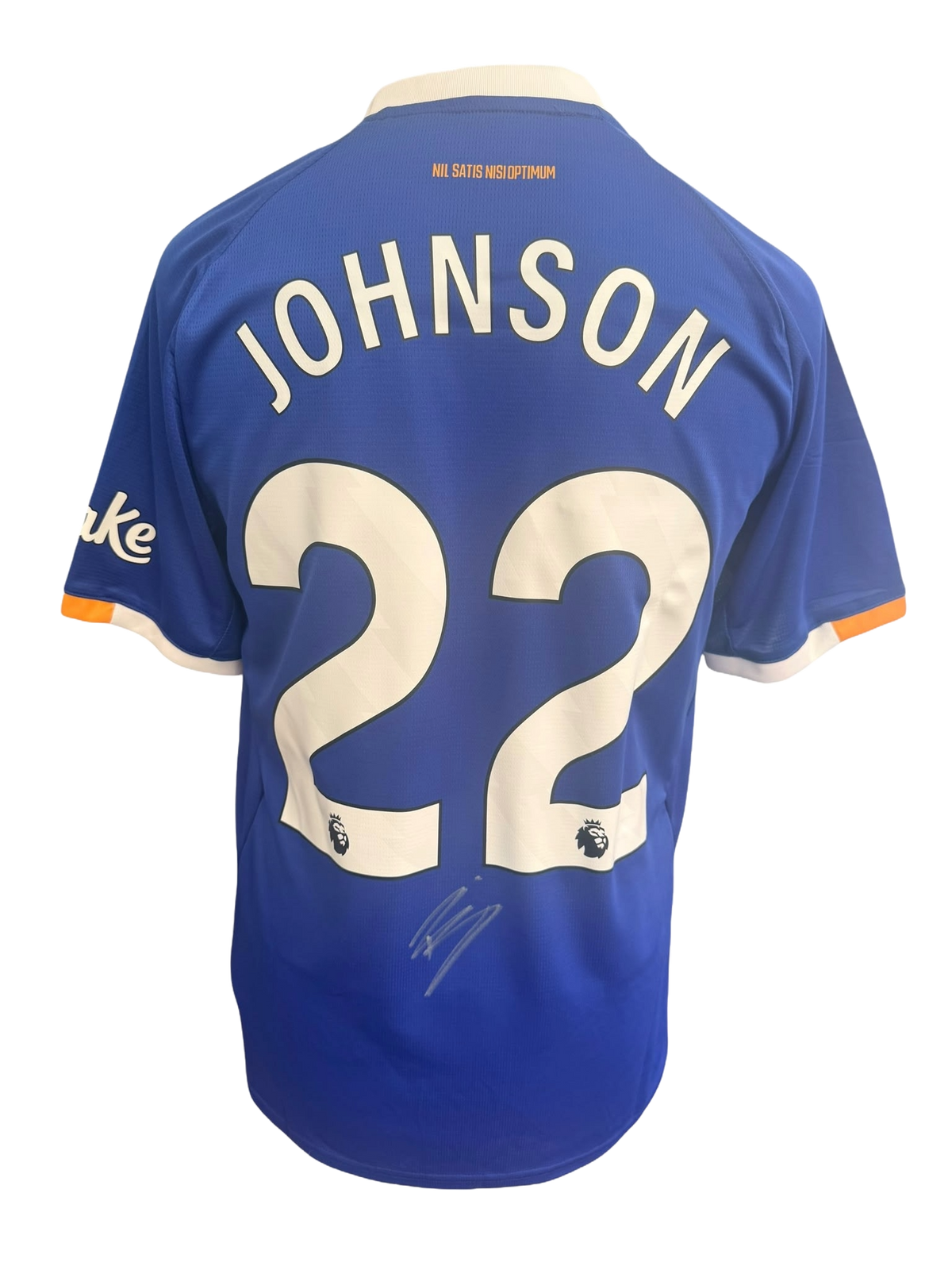 Back view of a royal blue 2026/27 Everton home shirt hand-signed in permanent marker by Brennan Johnson.