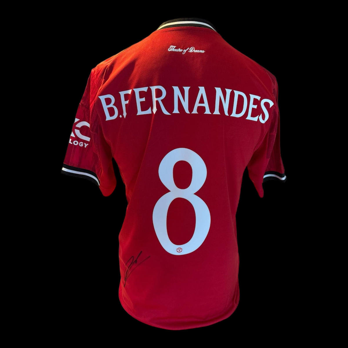 Hand-signed Bruno Fernandes Manchester United 25/26 home shirt with authentic autograph on the front red jersey.