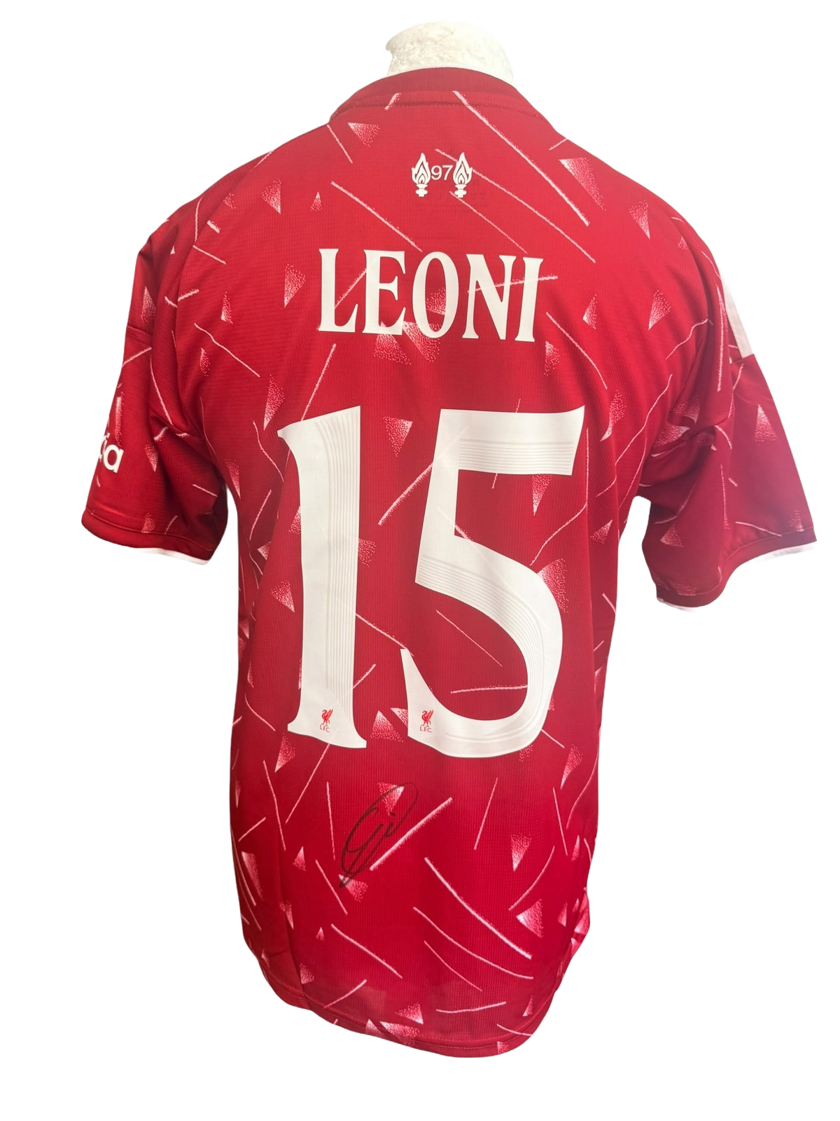Back view of a red 2026/27 Liverpool home shirt hand-signed in permanent marker by Giovanni Leoni.