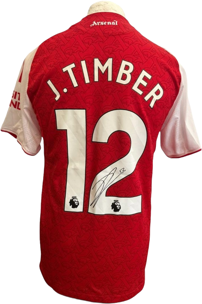 Authentic hand-signed Jurrien Timber Arsenal home jersey from the 2025/26 season featuring a clear signature on the front.