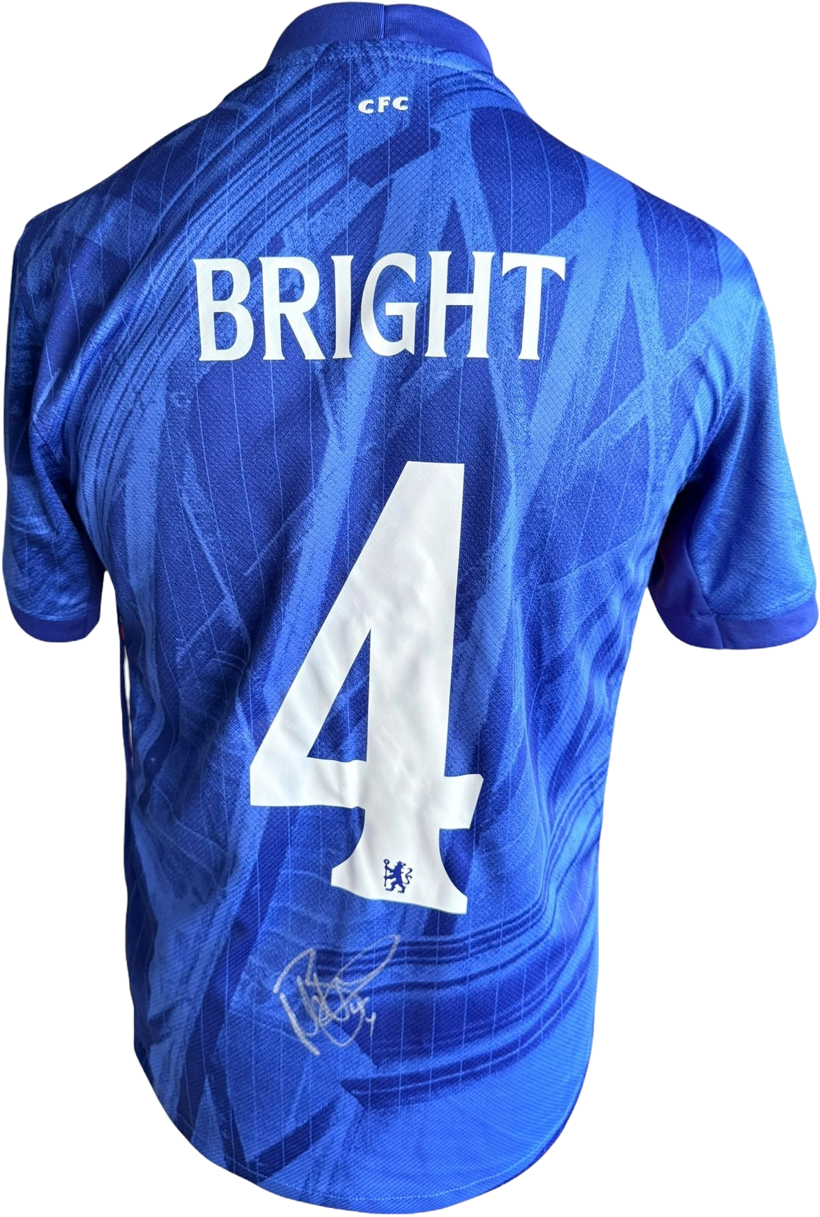 Authentic hand-signed Millie Bright Chelsea home jersey featuring her name and number printed in the official Chelsea club font on the back.