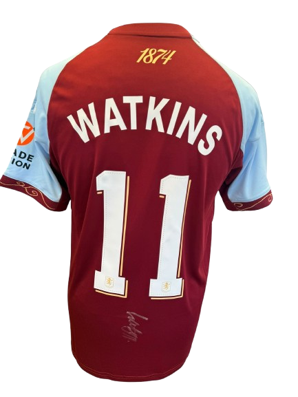 Hand-signed Ollie Watkins Aston Villa 25/26 home shirt with authentic autograph on the back claret and blue jersey featuring official club font.