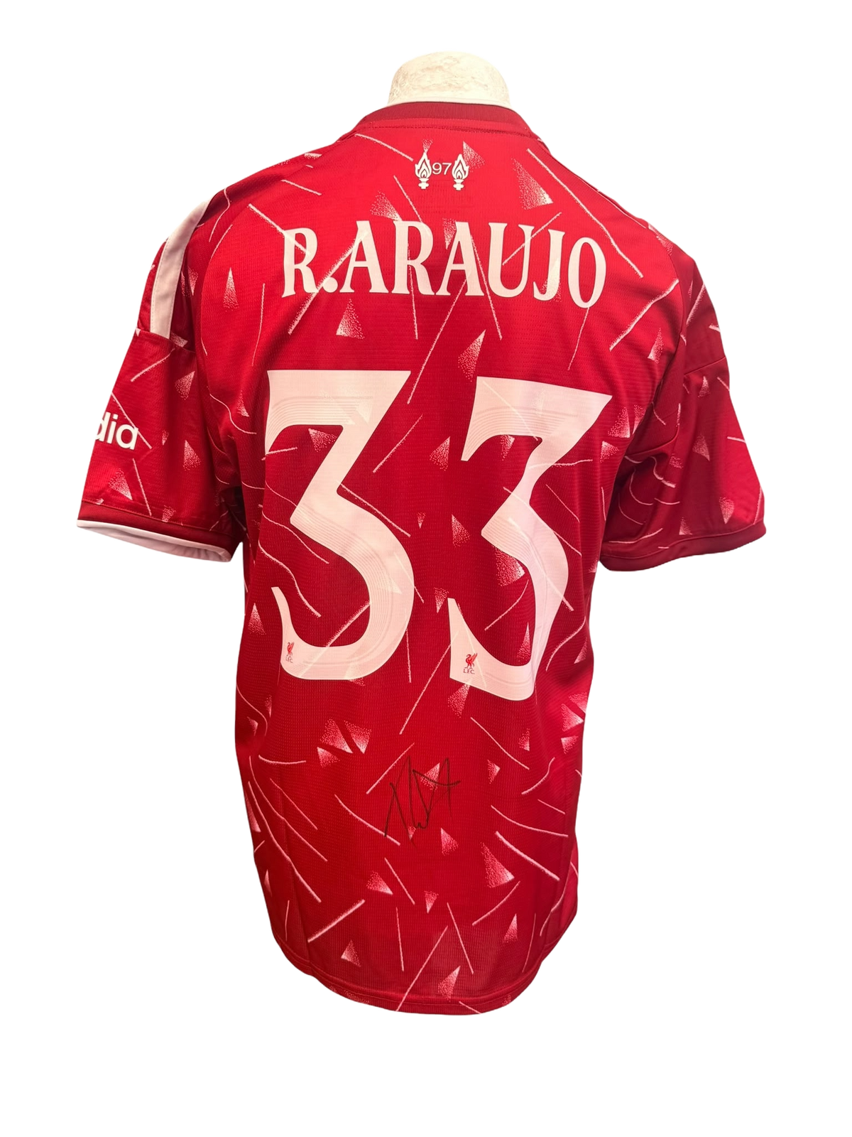 Back view of a 2026/27 Liverpool home shirt hand-signed in permanent marker by Ronald Araujo.