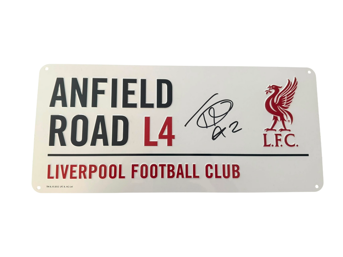 Front view of an enamel Anfield Road Liverpool street sign hand-signed in permanent marker by Trey Nyoni.