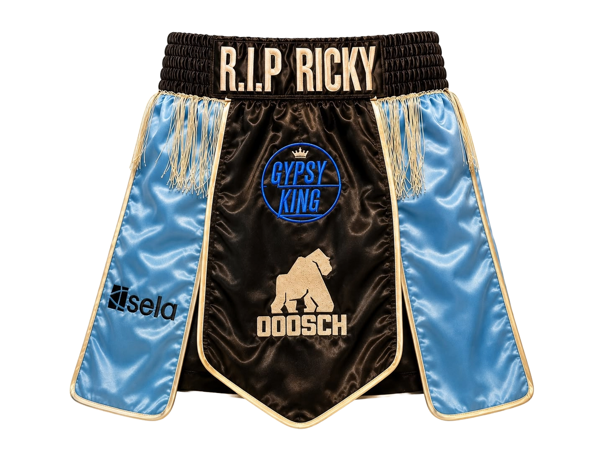 Back view of Tyson Fury boxing shorts with custom RIP Ricky tribute embroidery.