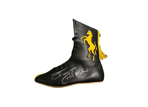 A hand-signed Sylvester Stallone Rocky Balboa Italian Stallion boxing boot in gold and black with a clear autograph.