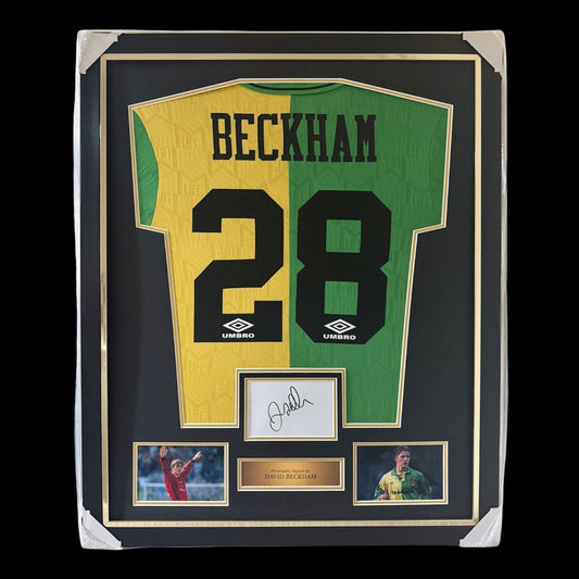 David Beckham signed Manchester United Newton Heath style green and gold framed shirt.