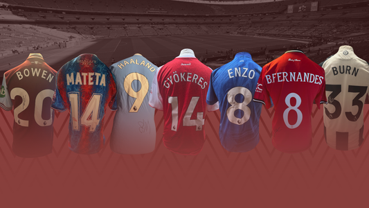 Display of authenticated, signed Premier League football shirts from various clubs