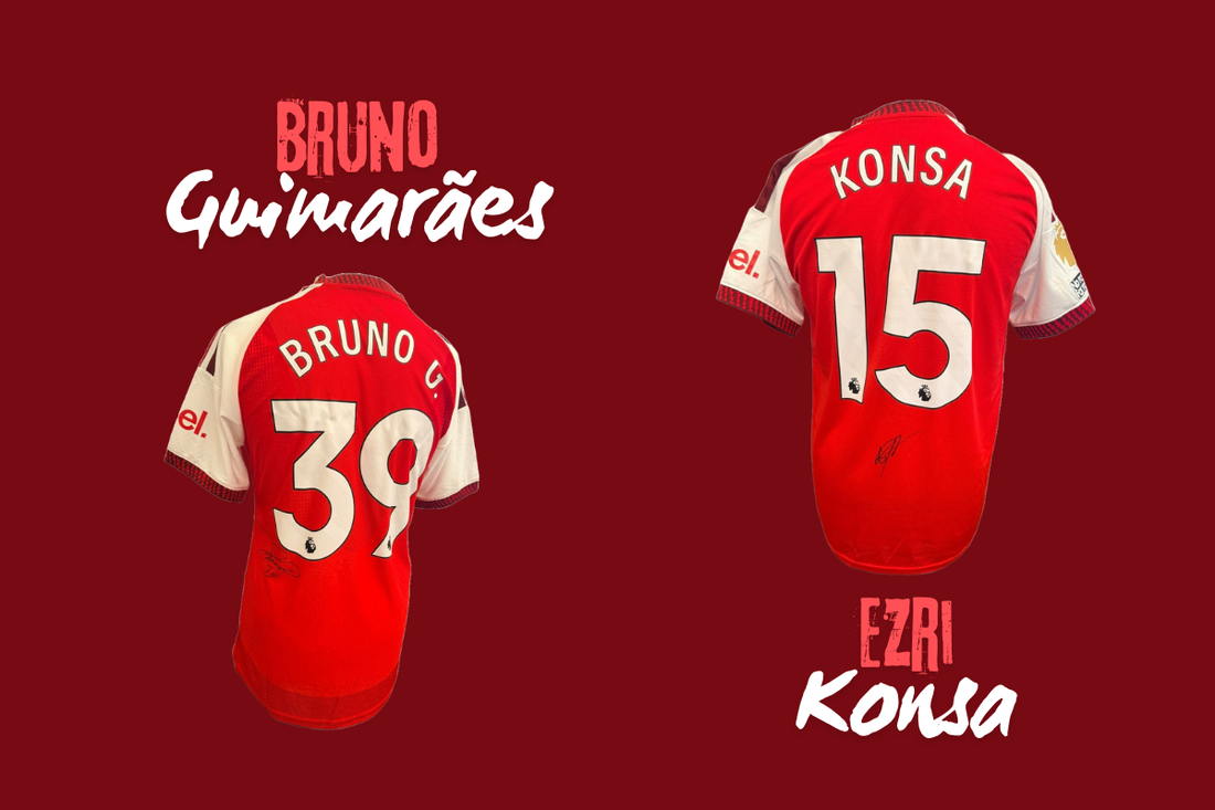 Hand-signed Bruno Guimarães and Ezri Konsa Arsenal 2026/27 home shirts celebrating their first starts at the Emirates