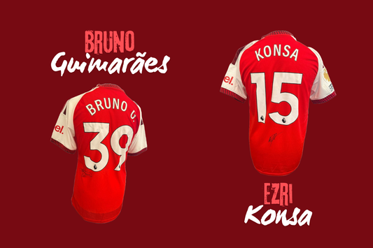 Hand-signed Bruno Guimarães and Ezri Konsa Arsenal 2026/27 home shirts celebrating their first starts at the Emirates