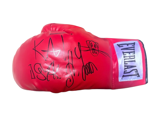 Personalised signed Oleksandr Usyk boxing glove featuring a large hand-signed autograph, custom cat drawing, and Kat Usyk inscription on the main strike surface