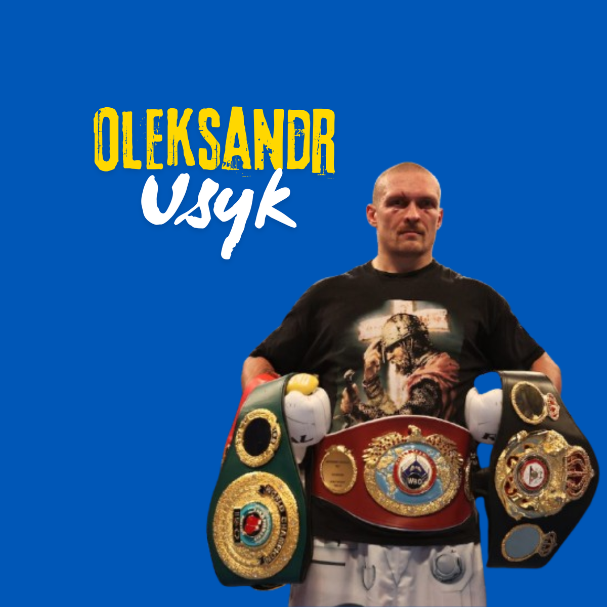 A collection of Oleksandr Usyk signed memorabilia including a gold championship belt, a pair of signed yellow boxing gloves, and a framed action photo of the undisputed heavyweight champion.