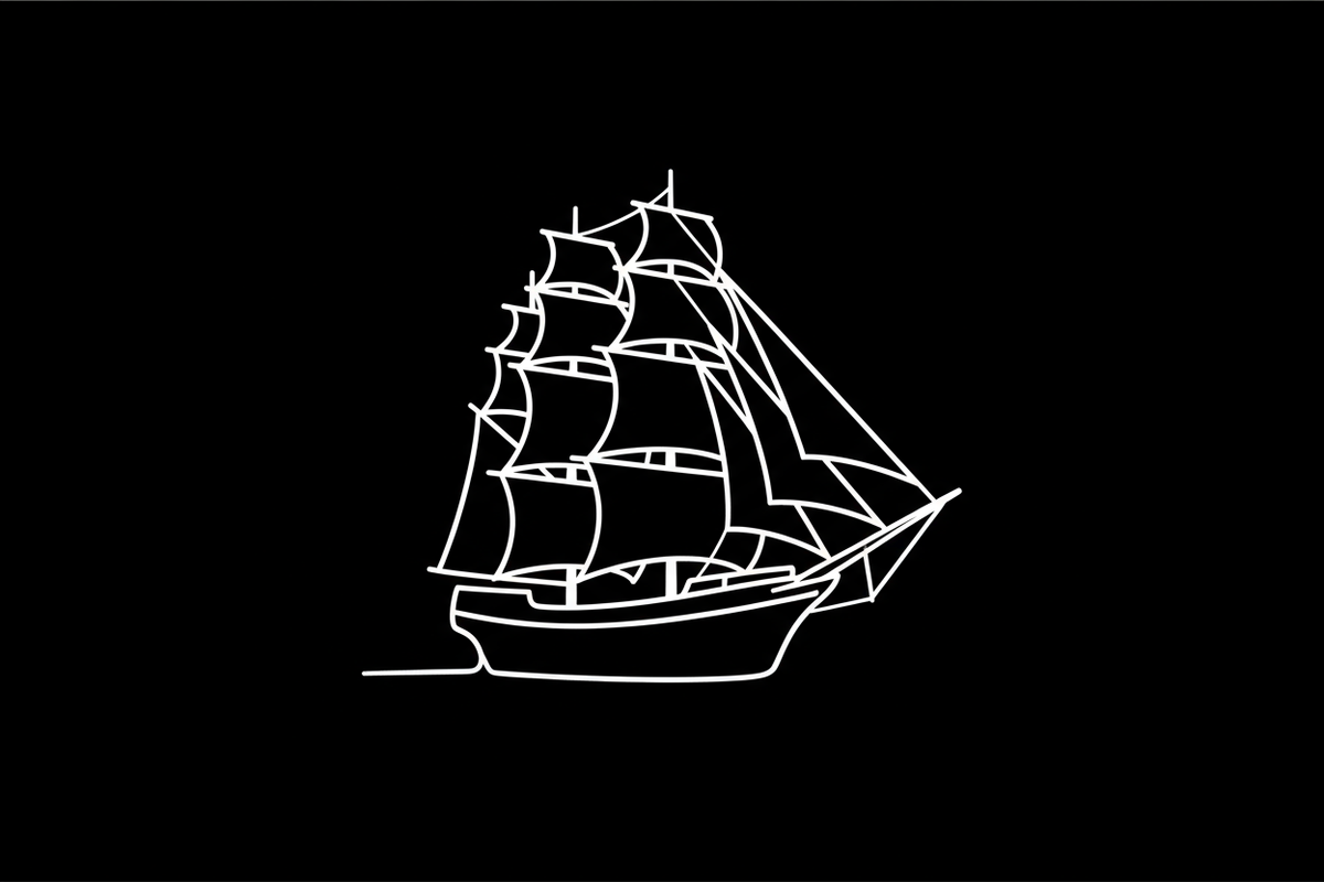 Outline of white sail ship on a black background