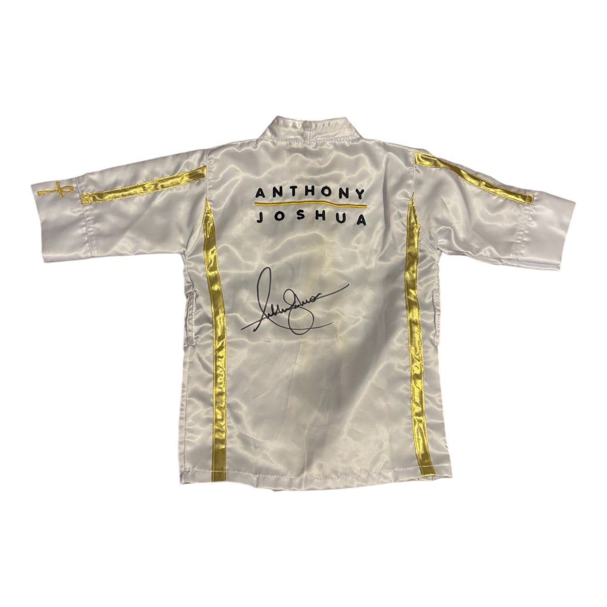Reverse view of an Anthony Joshua signed mini boxing robe featuring a bold hand-signed autograph.