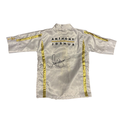 Reverse view of an Anthony Joshua signed mini boxing robe featuring a bold hand-signed autograph.
