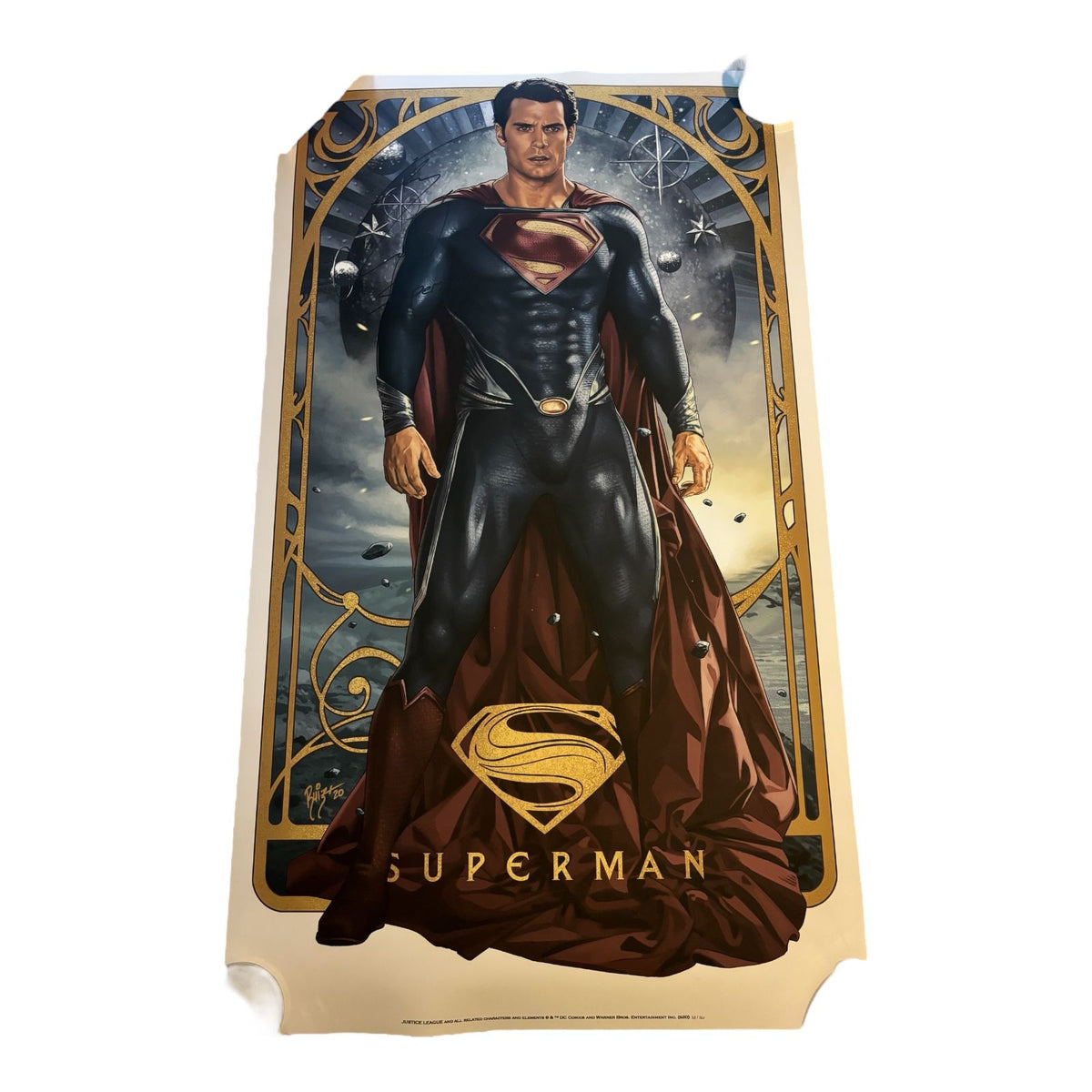 Henry Cavill, dressed as Superman, flying in an iconic action pose, with his genuine autograph signed over the image.