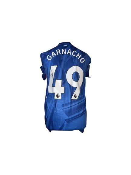 Authentic Alejandro Garnacho signed Chelsea home shirt 25/26 featuring a bold black signature on the "Rush Blue" London-heritage patterned jersey.