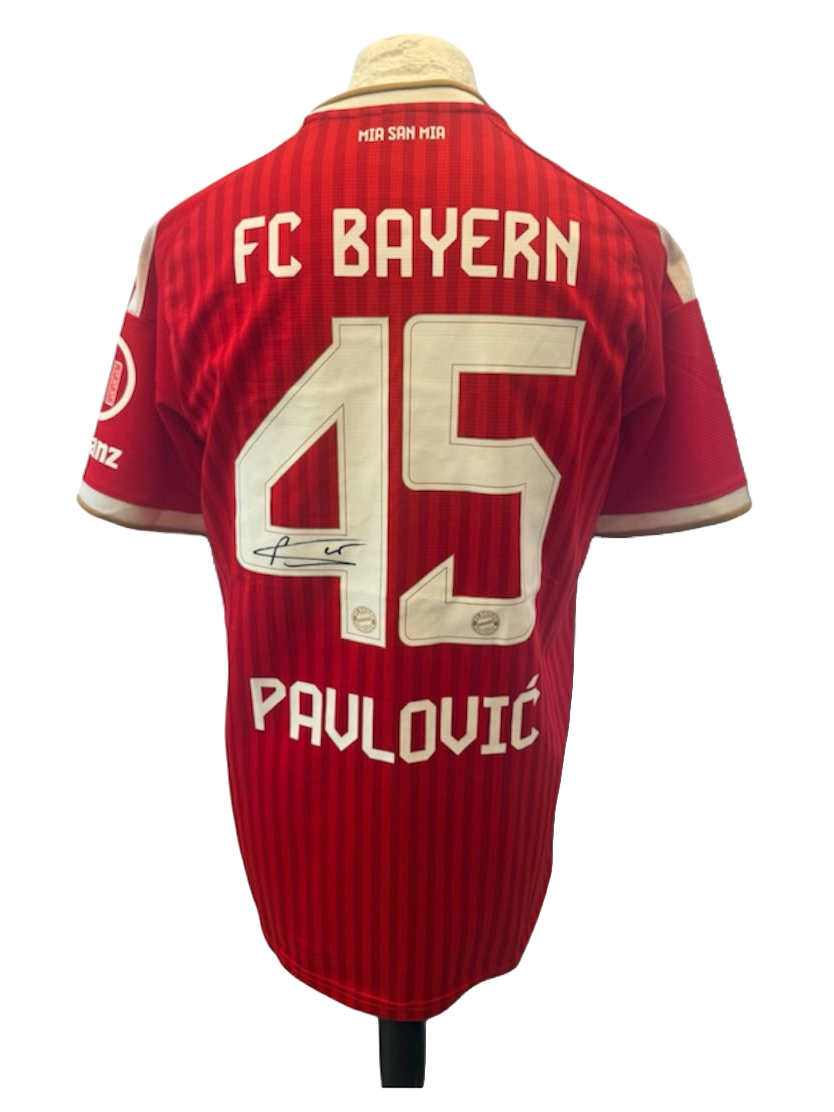 Signed Aleksandar Pavlovic Bayern Munich 2026/27 home shirt featuring a clean hand-signed autograph across his squad number on the rear of the jersey