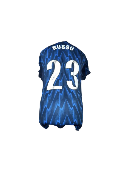 Authentic Alessia Russo signed Arsenal Women away shirt 25/26 featuring a bold black signature on the "Night Indigo" lightning-patterned jersey.