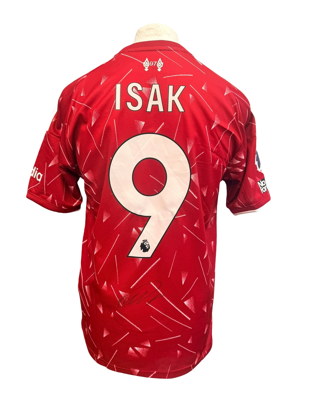 Back view of a 2026/27 Liverpool home shirt hand-signed in permanent marker by Alexander Isak.