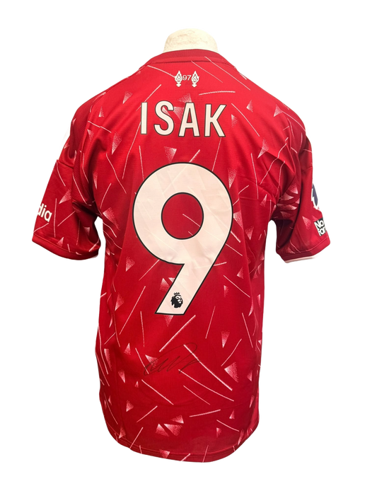 Back view of a 2026/27 Liverpool home shirt hand-signed in permanent marker by Alexander Isak.