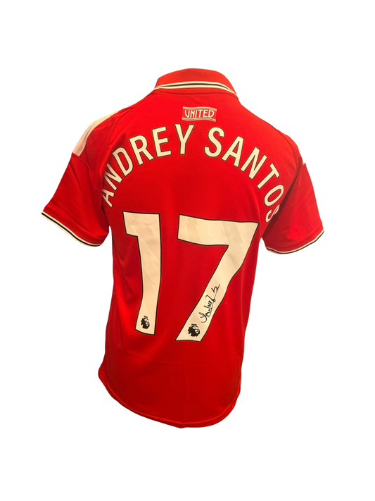 Back view of a 2026/27 Manchester United home shirt hand-signed in permanent marker by Andrey Santos.