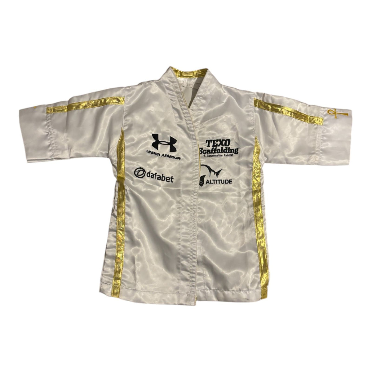 Front view of the Anthony Joshua mini boxing robe showing the iconic design and championship styling.