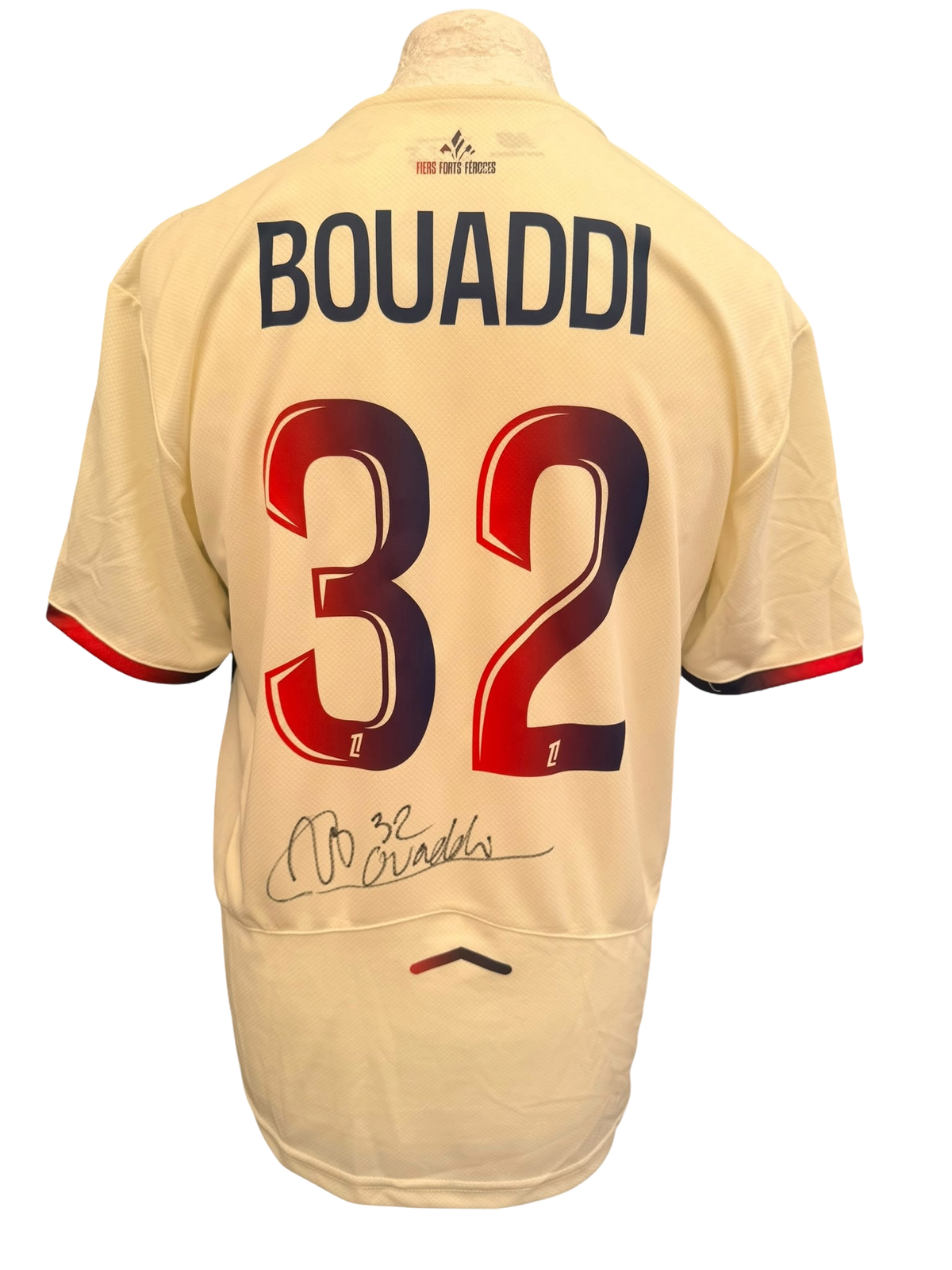 Back view of a Lille home shirt hand-signed in permanent marker by Ayyoub Bouaddi.