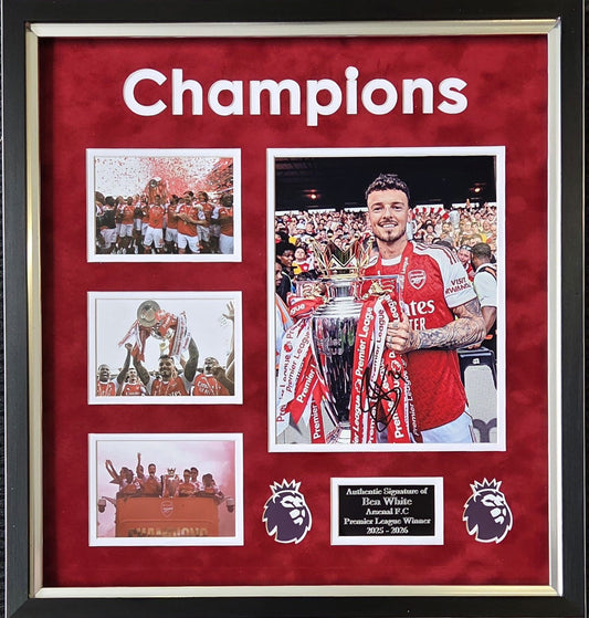 Ben White hand-signed photo montage commemorating the Arsenal 2026 silverware win with celebration graphics and custom plaque.