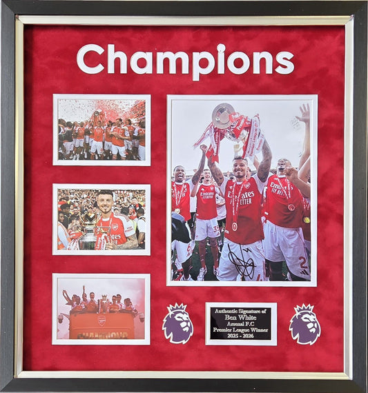 Ben White signed photo montage celebrating Arsenal as 2026 champions, featuring an authentic autograph and bespoke plaque.
