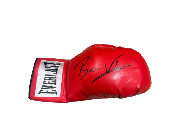 An alternative angle of a Ben Whittaker signed boxing glove showing the clear signature