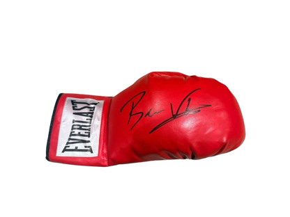 An alternative angle of a Ben Whittaker signed boxing glove showing the clear signature