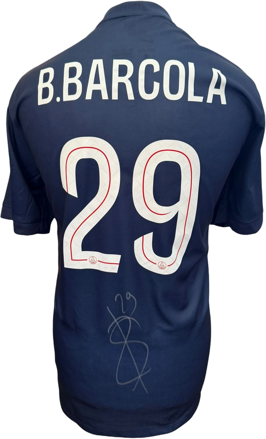 Authentic Bradley Barcola hand-signed PSG home shirt featuring his clear signature on the back of the classic club jersey.
