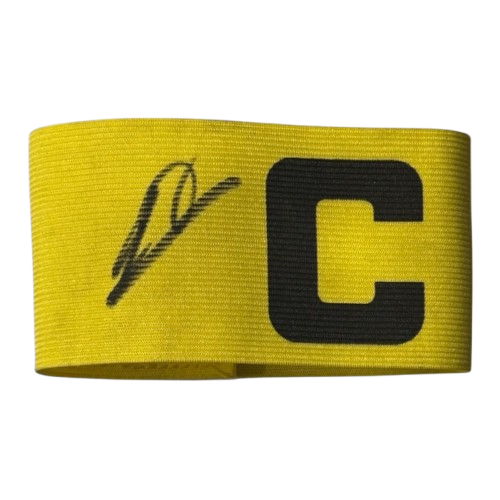 Authentic hand-signed Bruno Fernandes Manchester United captain's armband with bold signature.