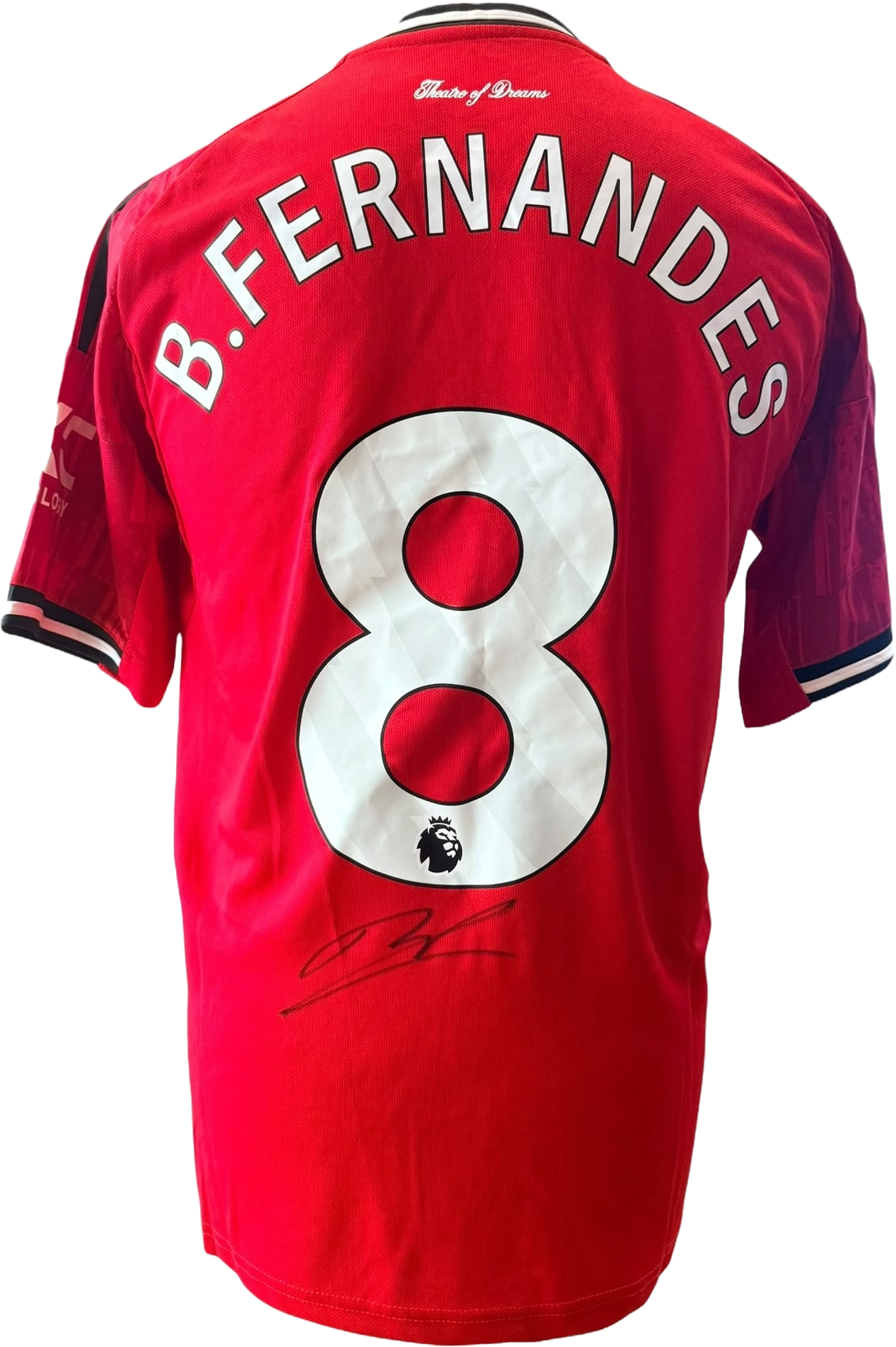Hand-signed Bruno Fernandes Manchester United 2025/26 home shirt with Premier League font.
