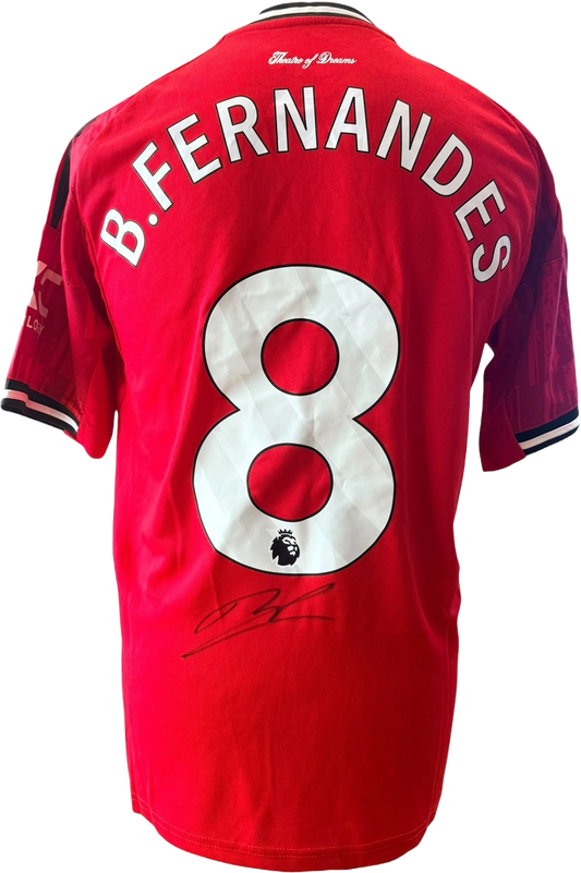 Hand-signed Bruno Fernandes Manchester United 2025/26 home shirt with Premier League font.