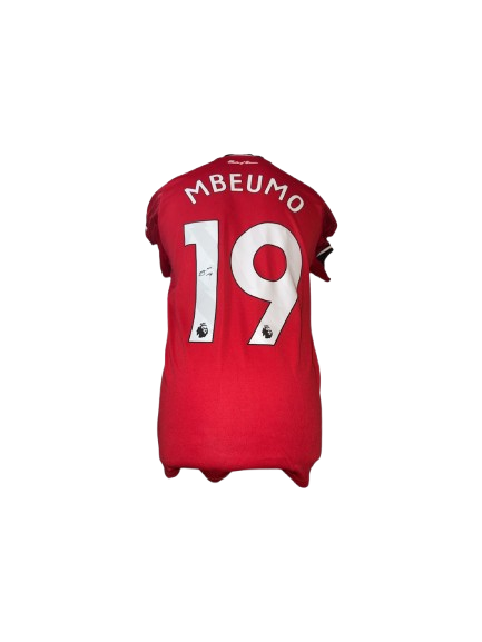 Authentic Bryan Mbeumo signed Manchester United home shirt 25/26, featuring a bold black autograph on the Old Trafford-inspired "Theatre of Dreams" red jersey.