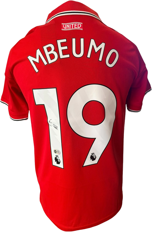Authentic hand-signed Bryan Mbeumo Manchester United Home Shirt for the 2026/27 season, featuring a clear signature on the front.