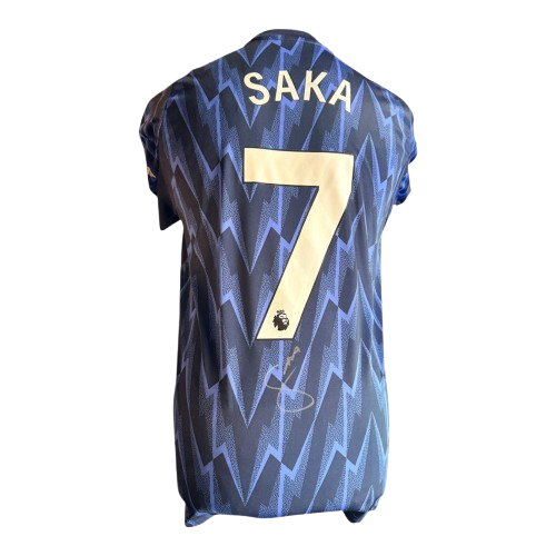 Front view of the Bukayo Saka Signed Blue Arsenal Away Shirt 2025/26 with a clear hand-signed autograph.