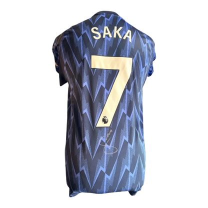 Front view of the Bukayo Saka Signed Blue Arsenal Away Shirt 2025/26 with a clear hand-signed autograph.