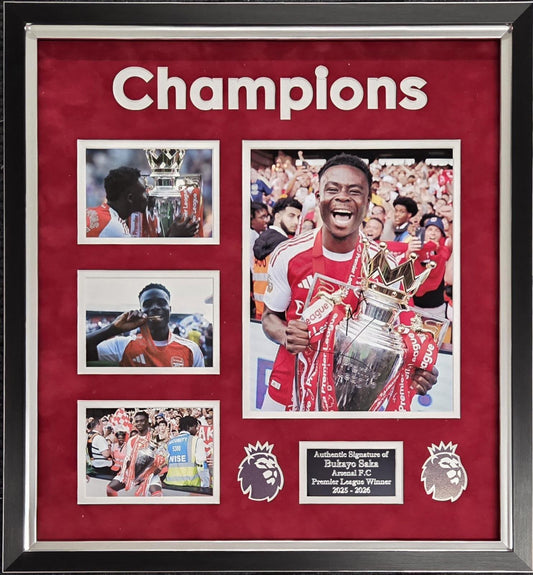 Bukayo Saka signed photo montage featuring Arsenal champions 2026 celebrations with authentic autograph and bespoke plaque.