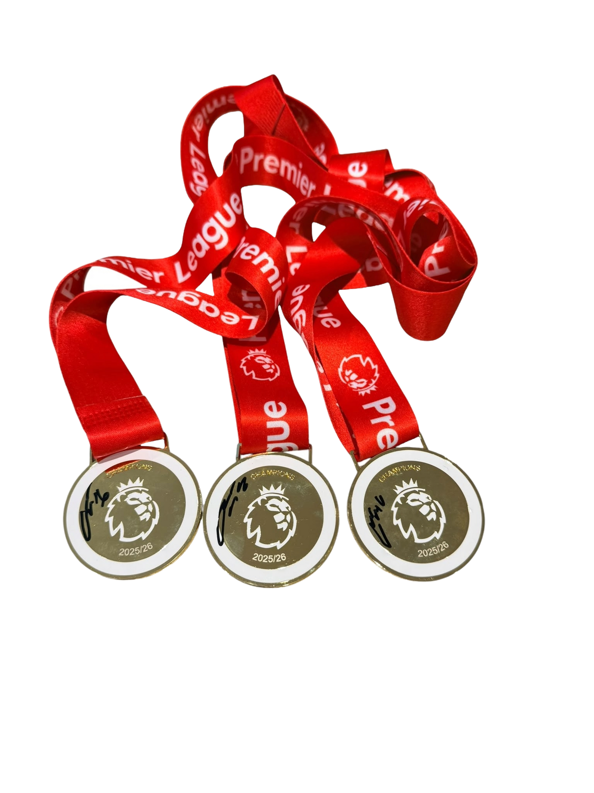 Christian Norgaard signed Arsenal Premier League Champions replica medals showcasing the autograph on the medal face.