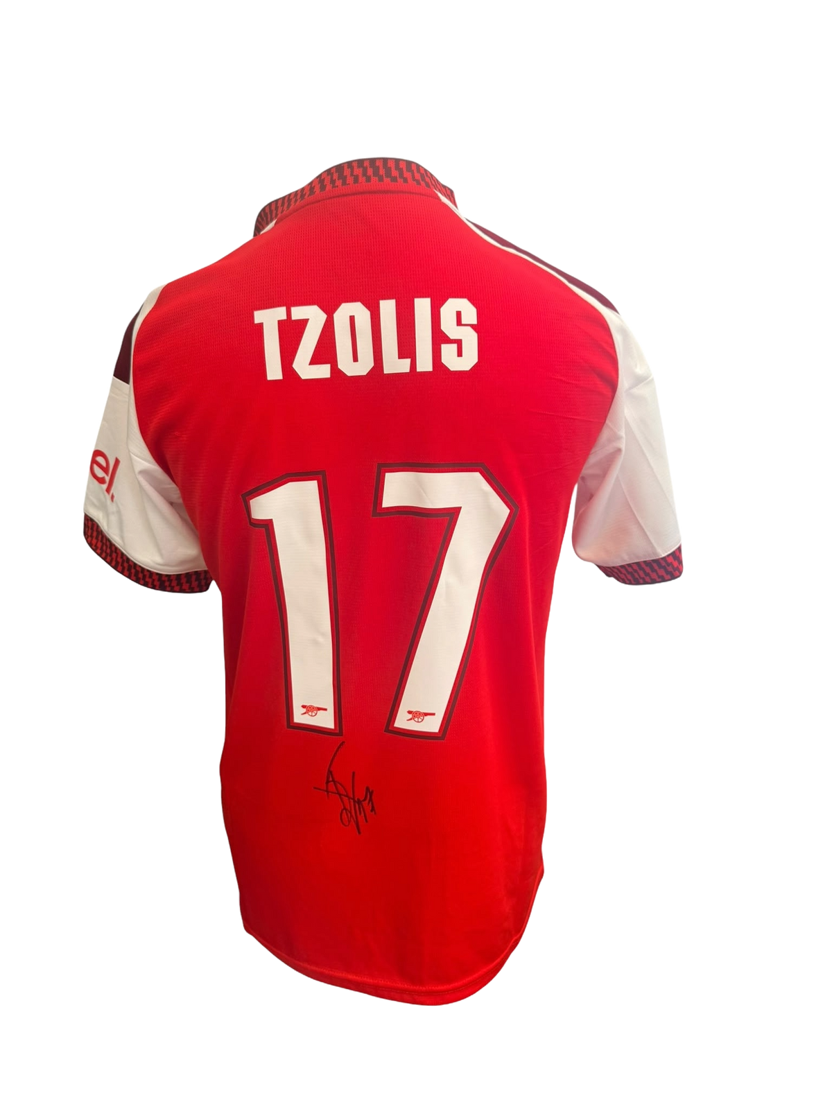 Back view of the 2026/27 home shirt hand-signed in permanent marker directly on the back panel by Christos Tzolis.