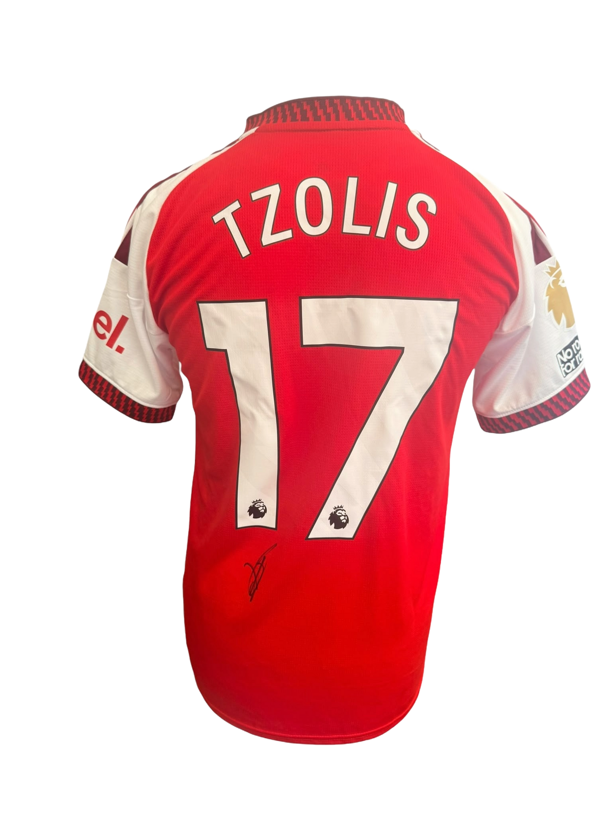 Back view of a 2026/27 home shirt with official Premier League font printing hand-signed in permanent marker by Christos Tzolis.